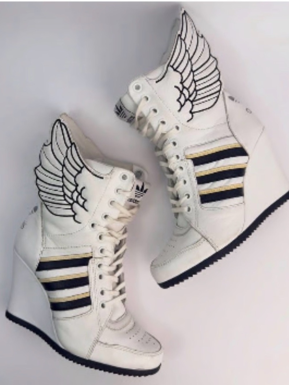 Jeremy Scott White Wedge Sneakers with Black and Gold Stripes and Wing Detail 10